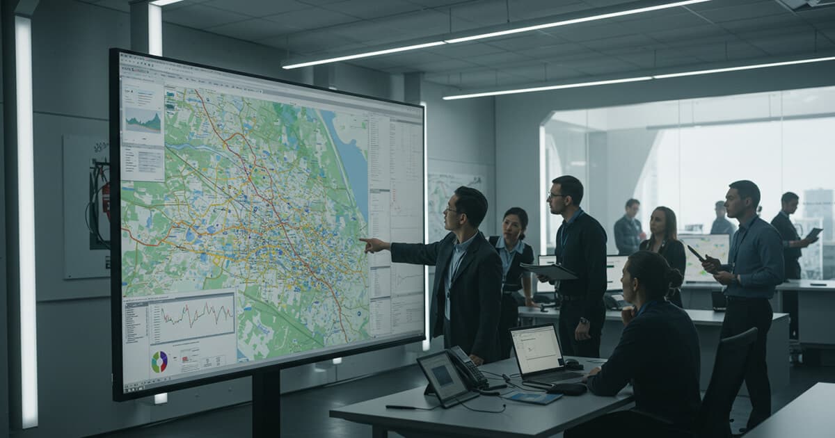 Team analyzing maps and satellite imagery on a large screen