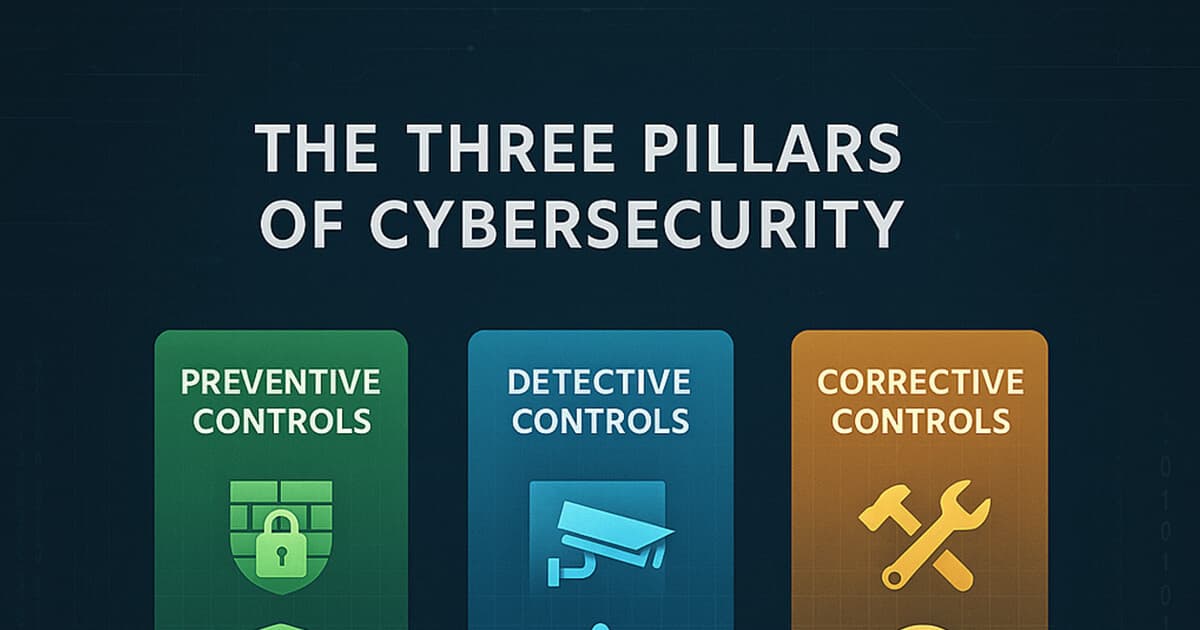 Three pillars labeled Preventive, Detective, and Corrective supporting a shield icon